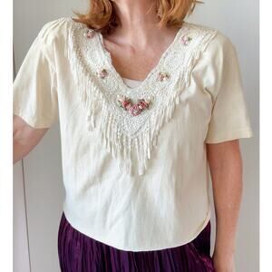 Vintage Boho Cottage Core Embellished T Shirt Lace Rosette Coquette Size Large